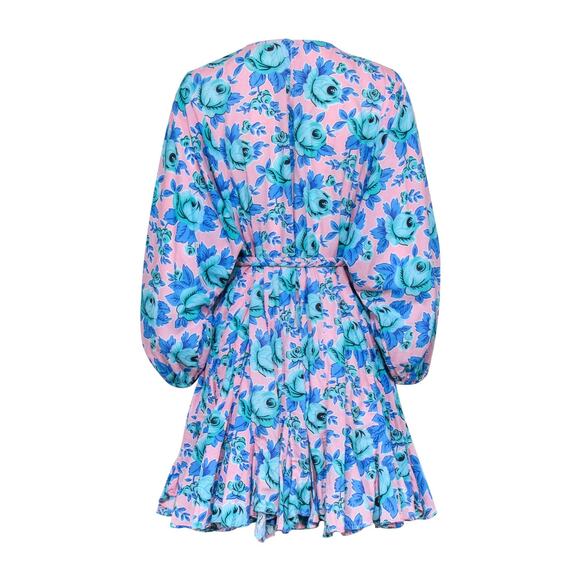 RHODE Women's Pink & Blue Floral Print Puff Sleeves Mini Dress Size Medium - Picture 15 of 16